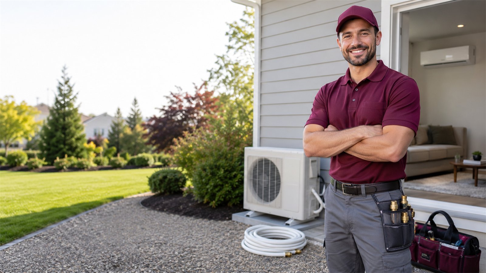 HVAC technician standing beside an installed outdoor mini-split condenser at a home